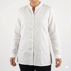 LAURA 100% Linen Embroidered Button Front Long Sleeve Tunic Top Side Splits Sz L